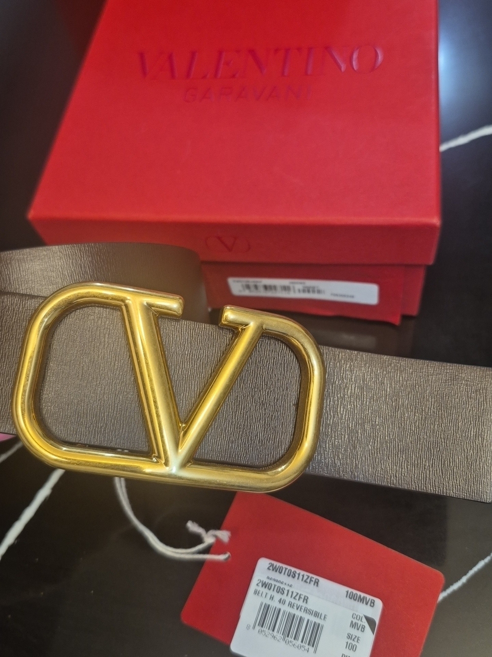 Valentino Brown Leather Belt with Gold V Logo Buckle